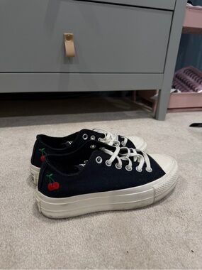 Converse Black Low-Top Sneakers with Red Cherry Embroidery